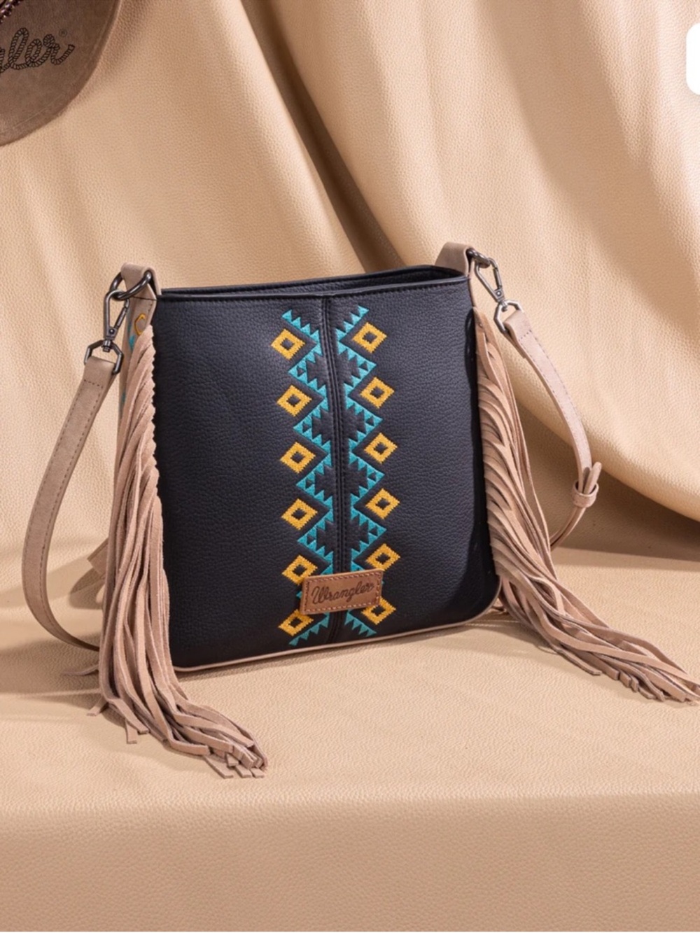 Wrangler Pebbled Leather Black Crossbody with Tan Fringe & Turquoise Embroidery